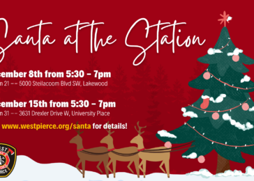 Santa at the Station advertisement with a Christmas tree, reindeer and information about the event