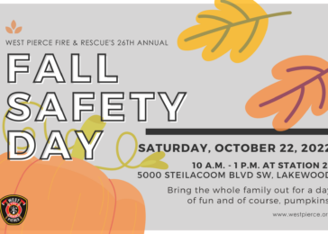 The graphic explains the details for Fall Safety Day 2022. Fall Safety Day will be held on Saturday, october 22, 2022 at 5000 steilacoom boulevard sw in Lakewood, Washington. The event will be held from 10am until 1pm.